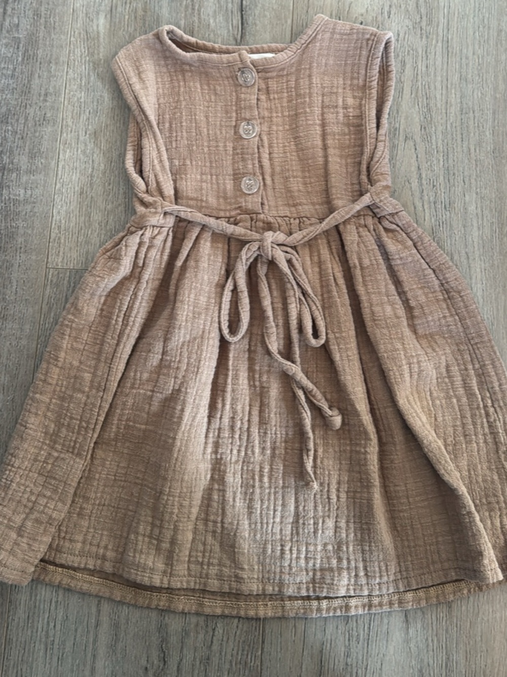 Girls' Sleeveless Textured Tie-Waist Dress in Light Brown rosemary & olive